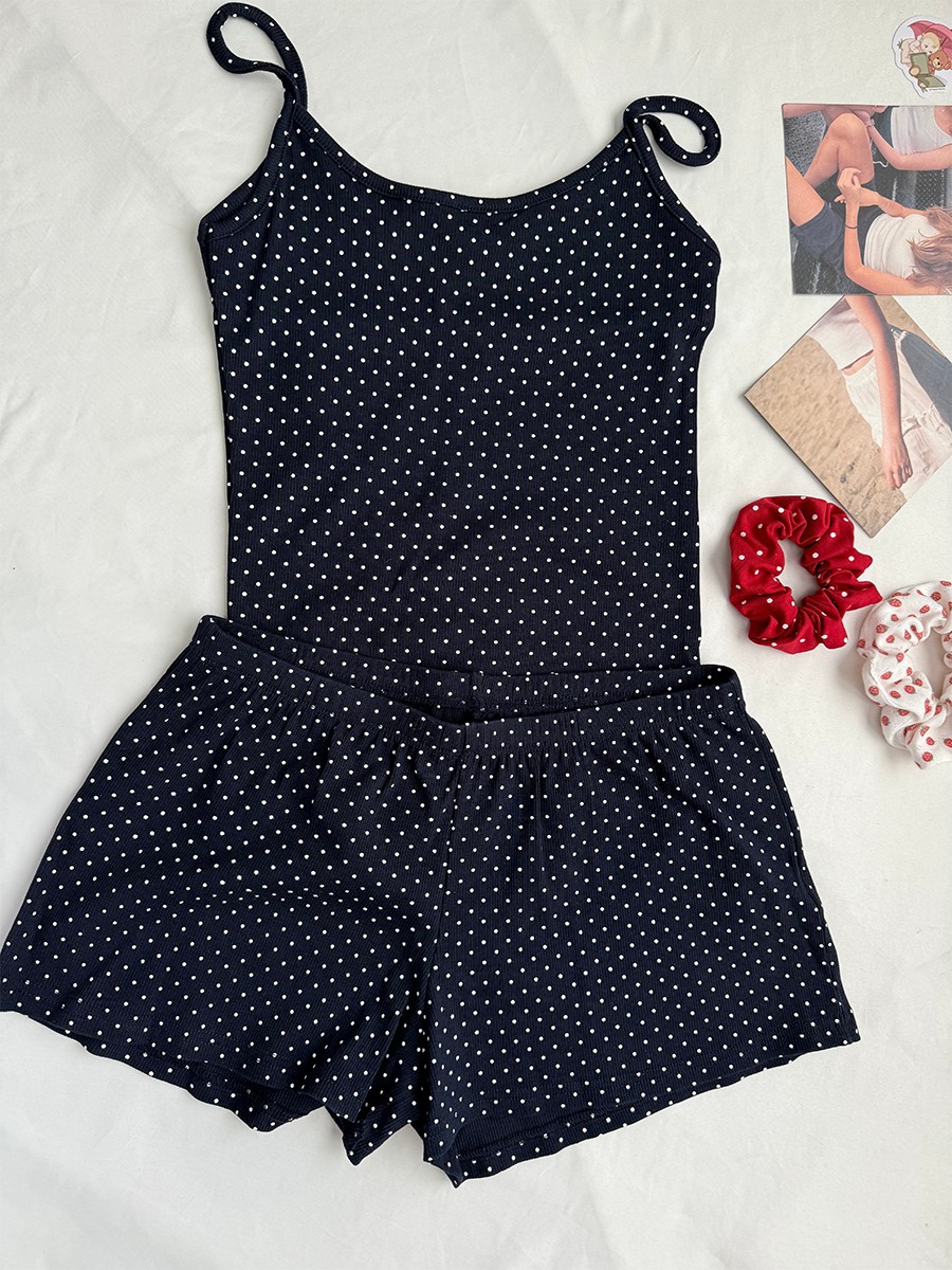 Navy Dot Ribbed Shorts Sets Wo - Tank Top Ribbed review and price